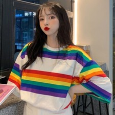 Camiseta a rayas arco iris para mujer Top holgada manga corta Harajuku Hip Hop moda
