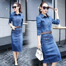 Vestido de mezclilla para mujer calce ajustado jeans manga larga coreano elegante formal moda OL