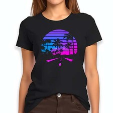 Camiseta Retro Años 80 Negra con Puesta de Sol y Árboles - Estilo Informal Vintage