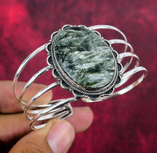 Brazalete ajustable de plata de ley 925 hecho a mano con piedras preciosas de serafinita joyería