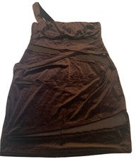 Moda Nova Mujer Vestido S Marrón Mini Bodycon Recortes Frontales Terciopelo Un Hombro
