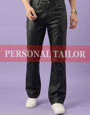 Pantalón de mezclilla estilo bootcut de cuero negro genuino de piel de cordero para hombre 5 bolsillos