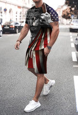 Hombre Manga Corta Cruz Cristiana Bandera Americana Camiseta Pantalone Corto SET
