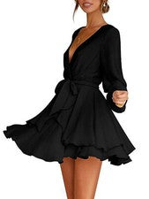 Vestido para mujer de moda y versátil con cuello en V profundo y corbata en la cintura