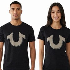 $69 TRUE RELIGION Negro POP ART HERRADURA Manga Corta Diseñador Gráfico Camiseta