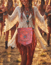Bolso grande hecho a mano de cuero rojo con flecos Boho Festival vintage cartera con tachuelas hippie