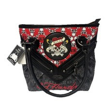 Bolso de hombro Ed Hardy Love Kills Slowly negro y rojo para mujer ~ calaveras ~ tatuaje
