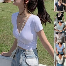 Top corto floral para mujer - Camiseta manga corta cuello en V estilo primavera verano