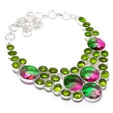 Collar de joyería hecho a mano de turmalina bicolor, piedras preciosas de peridoto 18"