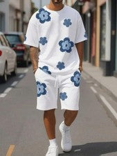 Moda Para hombres Blanco y Negro Estampado Gráfico de Flores Camiseta Pantalones Cortos Conjunto de 2 Piezas