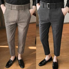 Pantalones rectos de mezcla de lana de invierno para hombre Cinturón coreano Pantalones de vestir Pantalones informales