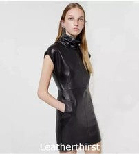 Vestido para mujer negro cuello redondo de cuero genuino suave piel de cordero calce ajustado fiesta