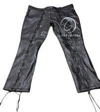 Pantalones con cordones de cuero genuino negro para hombre Pantalones de motociclista góticos Estilo Punk Moto