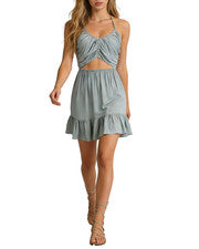 Mujer Moda Cuello en V Recorte Cintura Recogida Espalda Halter Cuello Vestido