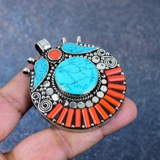 Turquesa, Coral Piedras Preciosas Plata 925 Hecho a Mano Étnico Nepalí Colgante Joyería