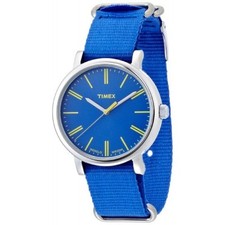 NUEVO RELOJ TIMEX TONO PLATA, CORREA DE NAILON AZUL, ESFERA REDONDA AZUL + ORO T2P362