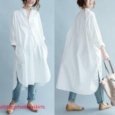 Camisa de vestir blanca de algodón para mujer maxi suelta larga informal con botones moda coreana OL