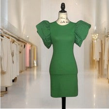 Vestido ZARA para mujer verde cuello redondo mangas cortas en popelina con volantes talla M