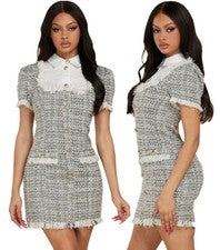 Elegante Mini Vestido Para Mujer Moda Blanco y Negro Tweed Cuello Redondo Talla S M L