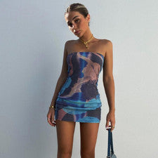Vestido para mujer verano moda estampado pecho adelgazante adelgazante vestido de una línea