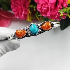 Brazalete ajustable de plata de ley 925 con piedras preciosas de ámbar y turquesa"