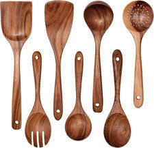 Juego de herramientas de sartén de cocina antiadherente de madera juego de 7 piezas, utensilios de cocina naturales espá