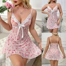 Sexy babydoll mini vestido transparente para mujer cuello en V estampado floral vestido travieso