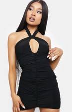 Sexy Mini Vestido BEBE Negro Ojo de Cerradura Halter Scrunch Club Para Mujer S Nuevo con Etiquetas��