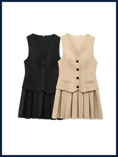 Mini Vestido Para Mujer Cuello en V Sin Mangas Plisado Moda Botón Frontal Mujer