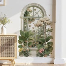 Pegatina de pared de ventana falsa 3D extraíble diseño de flores plantas verdes para decoración del hogar