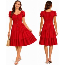 Vestido boho fluido línea A con mangas abullonadas cintura ajustada con botones delanteros para mujer