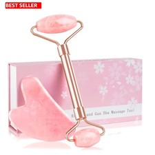 Juego de rodillos de jade de cuarzo rosa y Gua Sha - Herramientas faciales antienvejecimiento para piel radiante