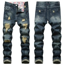 Pantalones de mezclilla desgastados estilo callejero informales calce regular rasgados para hombre