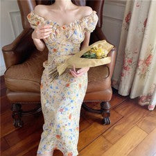 Vestido de té de flores para mujer Puff manga corta gasa volantes midi elegante moda