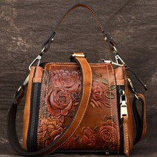 Bolso de mano vintage bordado floral de cuero genuino para mujer