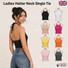 Camiseta corta halter sin mangas para mujer con lazo único espalda abierta sin espalda de verano