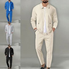 Conjunto informal chaqueta y pantalón gofre para uso diario de primavera/otoño para hombre