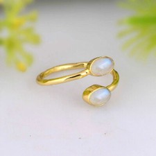Anillo ajustable de piedra lunar arco iris enchapado en oro anillo de derivación de compromiso de plata 925