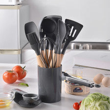 Juego de utensilios de cocina de silicona 14 piezas con asas de madera resistentes al calor