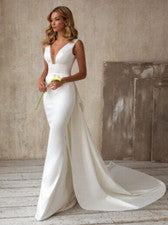 Mujer Moda Vestido Blanco Cuello en V Sin Mangas Vestido de Boda Falda Larga