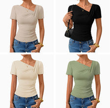 Nuevo Para Mujer Verano Asimétrico Prendas para el torso Manga Corta Camiseta Ajustada Moda Camiseta