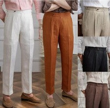 Hombres 100% Lino Estilo Italiano Pantalones Verano Cintura Alta Pantalón Recto Traje Pantalón