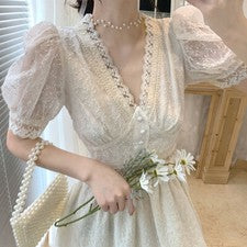 Mujeres Floral Encaje Cuello en V Corto Mangas Abullonadas Calce Ajustado Moda Vestido de Fiesta Vestido