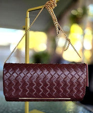 Bolso Bandolera Mujer Tejido Clutch Marrón con Correa de Cadena Dorada Extraíble Nuevo con Etiquetas Raro