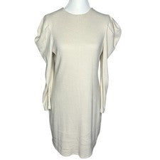 Vestido ceñido al cuerpo Express para mujer color crema acanalado tejido abullonado hombro manga larga pequeño