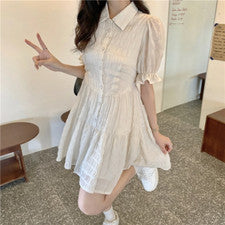 Vestido de gasa para mujer blanco mini plisado mangas abullonadas volantes botonadura Lolita