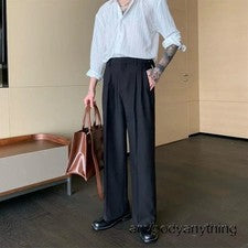 Nuevo Hombres Trajes Pantalones Pierna Ancha Negro Plisado Suelto Verano Moda Elegante Pantalones