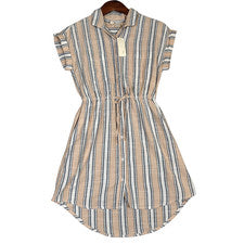 Vestido Camisa Japna Para Mujer S Beige Rayas Manga Corta Cintura Corbata Alto-Bajo Nuevo con Etiquetas