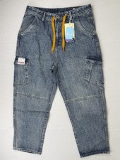 Pantalones de mezclilla para hombre Streetwear recortados moda lavados azules bolsillos cordón 38