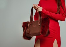 Bolso de mano genuino de piel de zorro rojo y cuero, cartera para mujer, regalo para mujer
